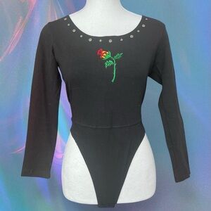 Cache Black Bodysuit with Rose Embroidery and studs